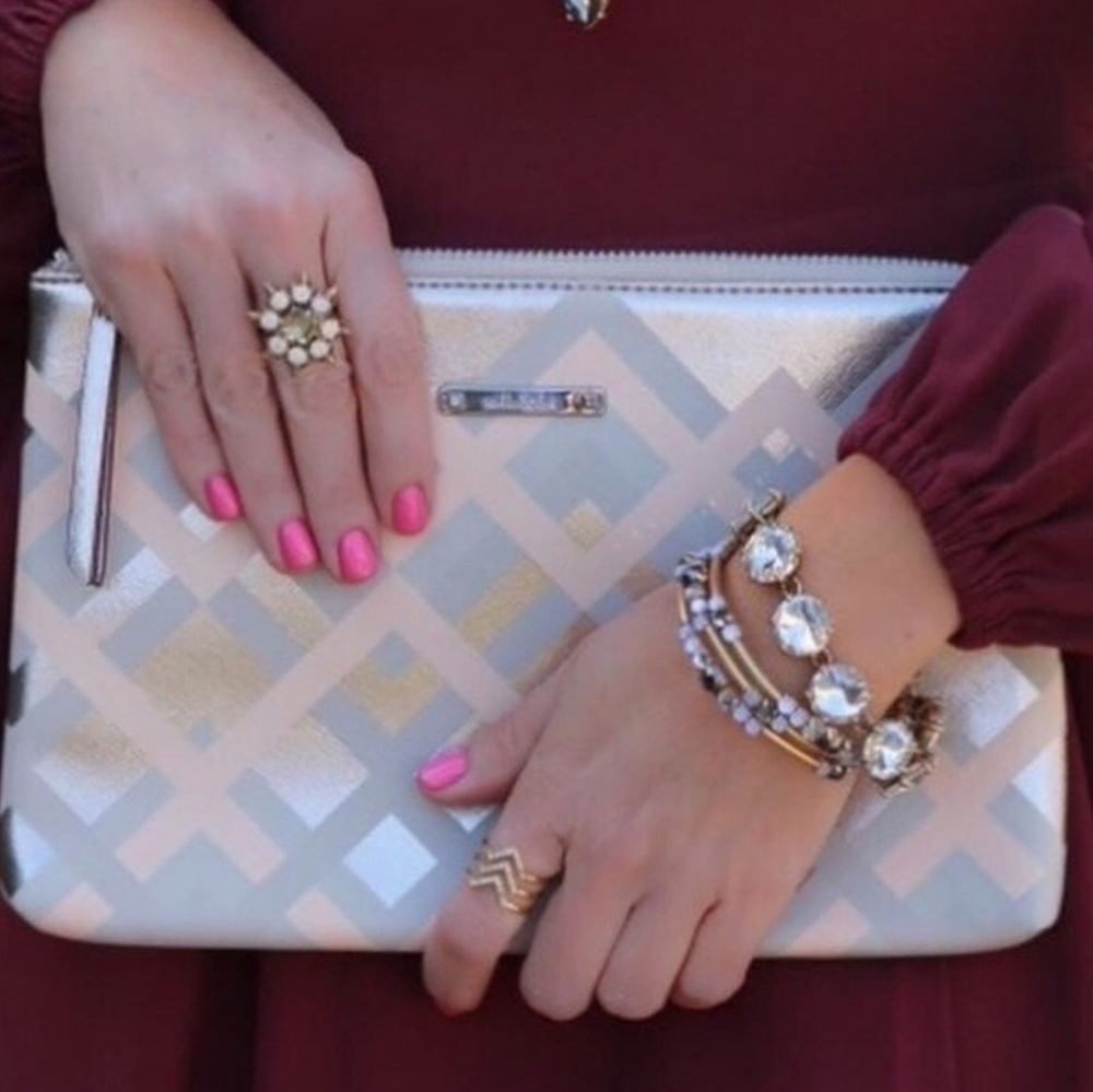Stella & Dot, Capri Pouch Clutch Purse, Taupe/Grey/Rose Gold/Peach